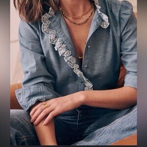 Sézane Archives Size 36 Chlo Chambray  Blue Lace Trim Top